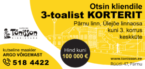 Otsin kliendile 3-toalist korterit Pärnus Ülejoe linnaosas hinnaga kuni 100 000 € - helista 518 4422